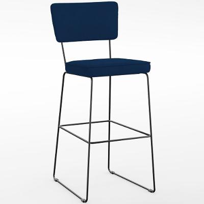Banqueta Alta Allana L02 Tecido Estrutura em Aço com Encosto Azul para Cozinha
