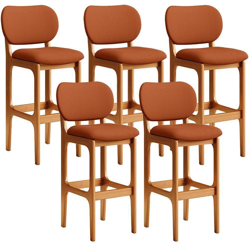 Kit 05 Banquetas Alta Bar Cozinha Sala Jantar Fixa Betta L02 Imbuia Tecido Terracota - 1