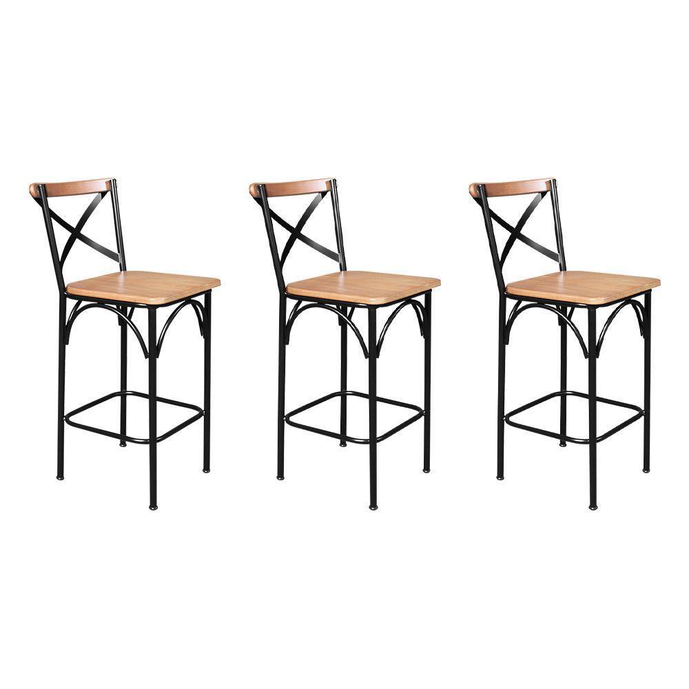 Kit 3 Banquetas Alta Industrial Paris Base Alumínio Com Encosto - Natural - Bege - 1