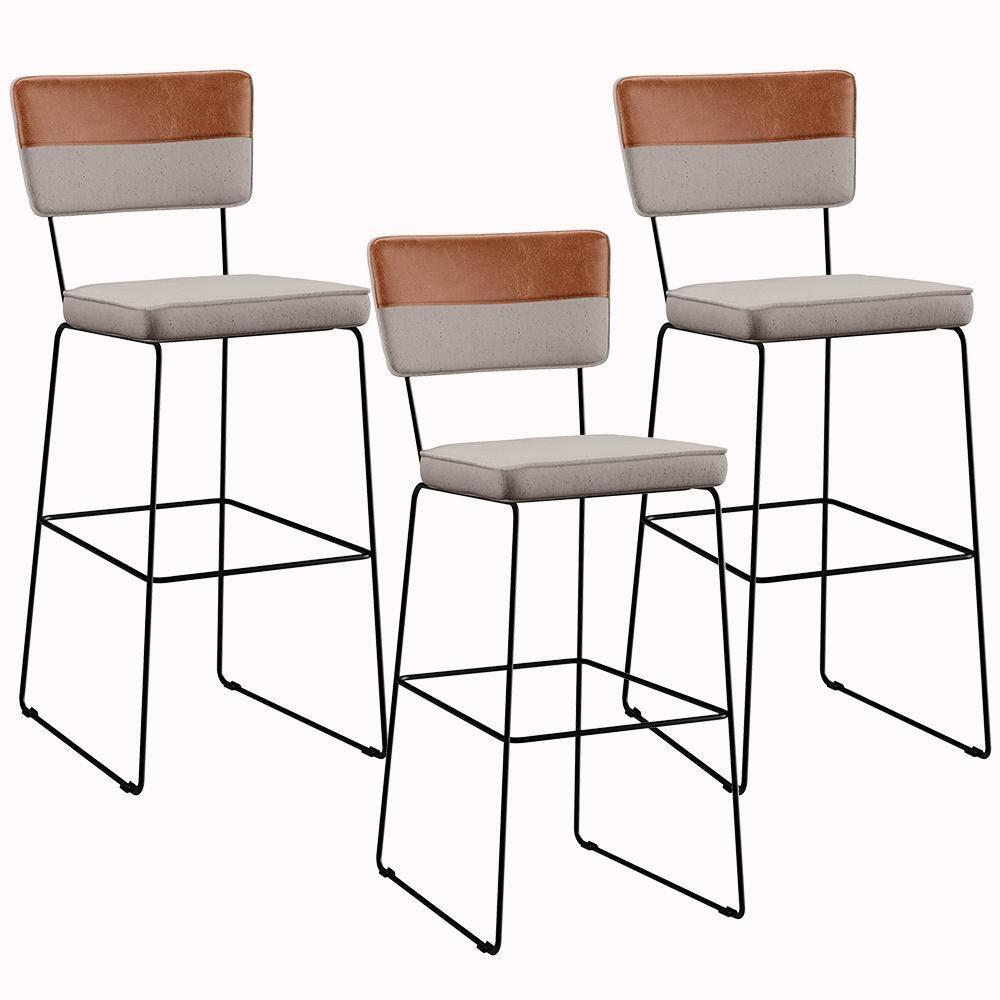 Kit 03 Banquetas Altas Faixa Camel Linho Bege - 1