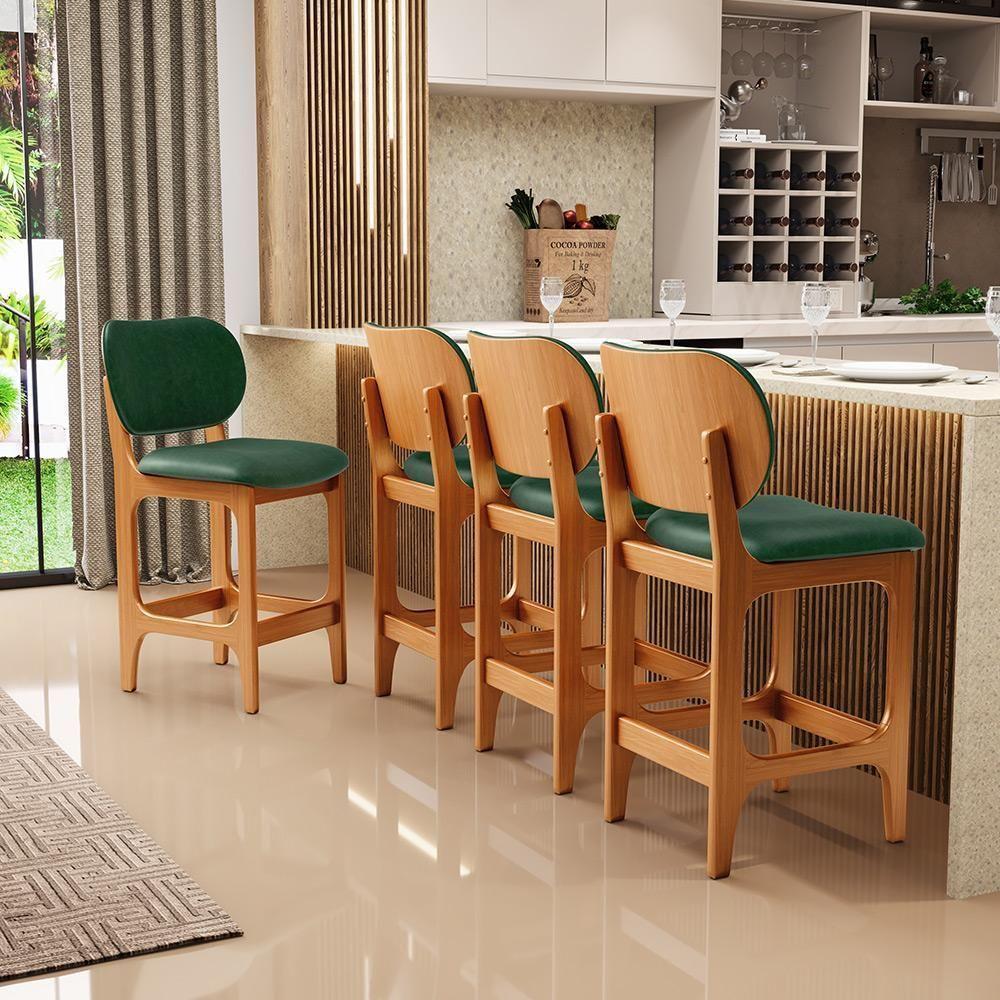 Kit 04 Banquetas Baixa Bar Cozinha E Sala De Jantar Fixa Betta L02 Imbuia Facto Verde Musgo - 8