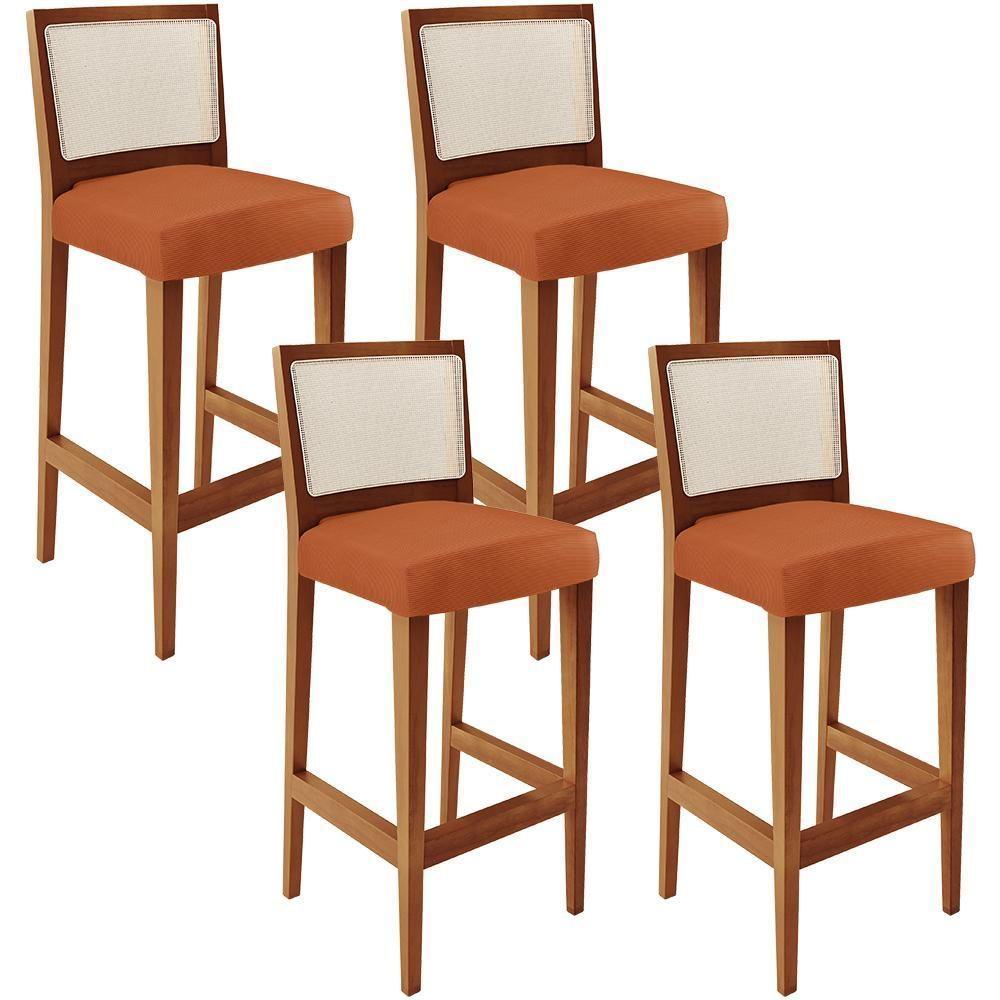 Kit 04 Banquetas Alta Para Cozinha Encosto Em Tela Branco Zion L02 Tecido Terracota - 1