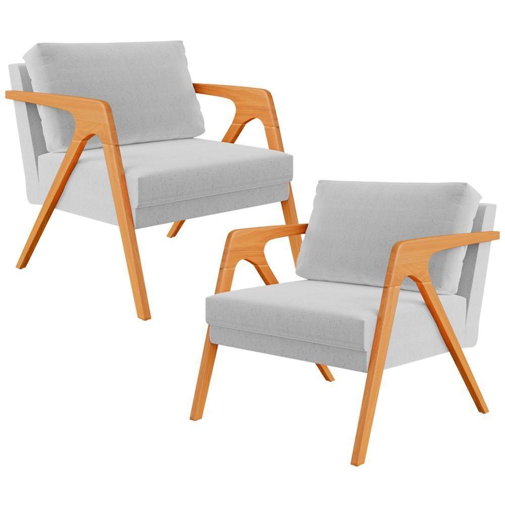 Kit 02 Poltronas Estrutura De Madeira L02 Linho Cinza - 1