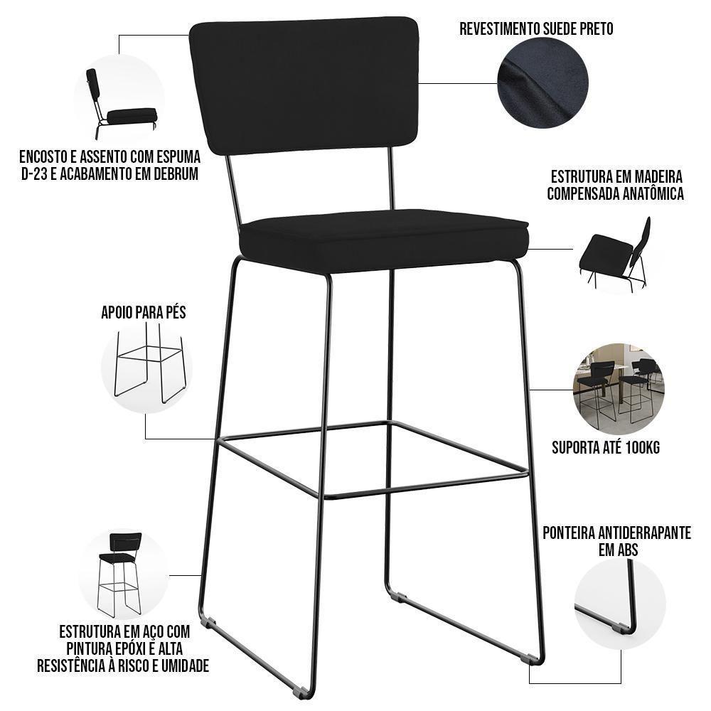 Kit 02 Banquetas Alta Para Cozinha Sala De Jantar Base Em Aço Allana L02 Suede Preto - 7