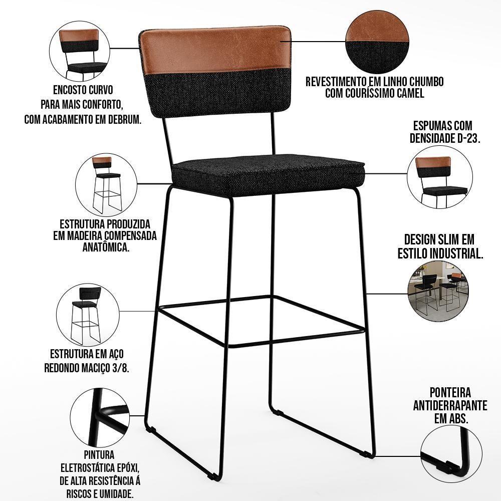 Kit 05 Banquetas Altas Faixa Camel Linho Chumbo - 6