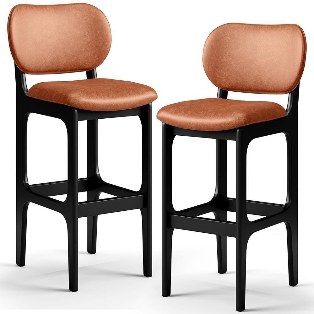 Kit 02 Banquetas Alta Para Cozinha Madeira Fixa Betta L02 Preto Couríssimo Camel - 1