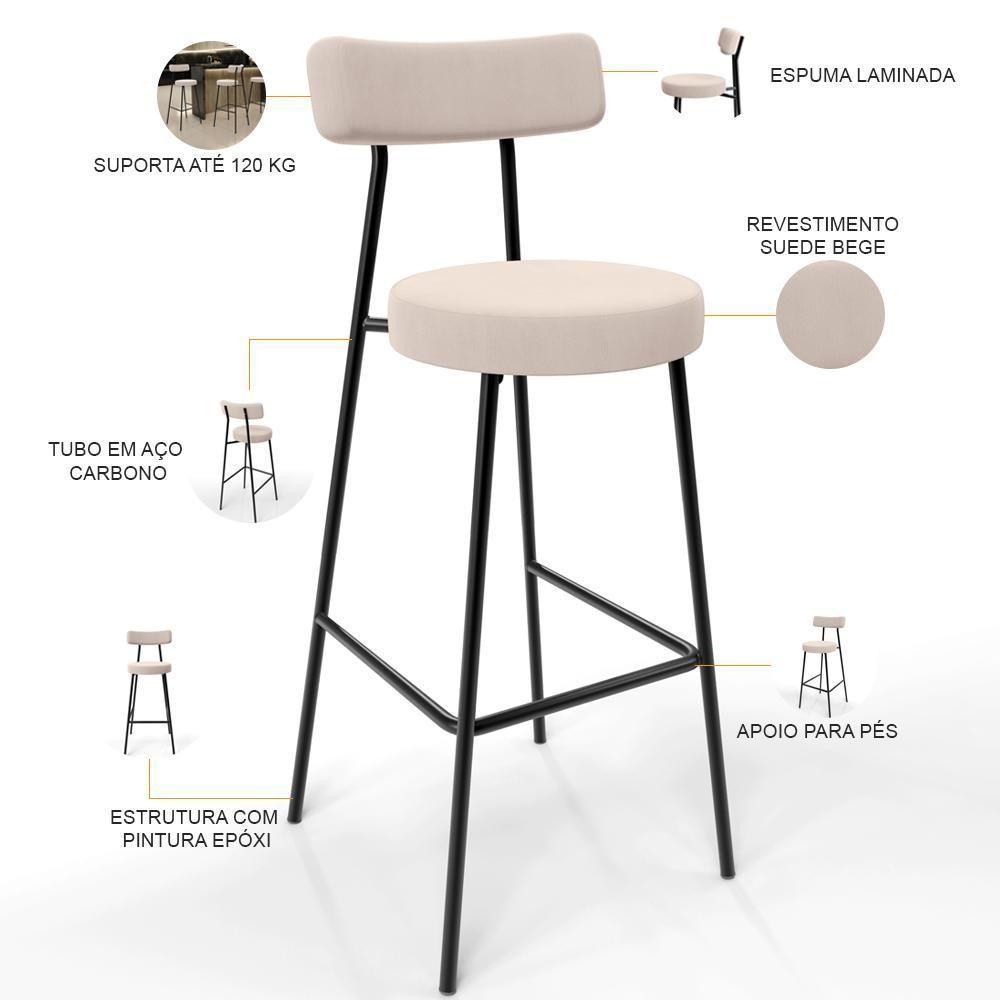 Kit 04 Banquetas Baixa Bar Cozinha Sala De Jantar Estrutura Em Aço Milão L02 Suede Bege - 8