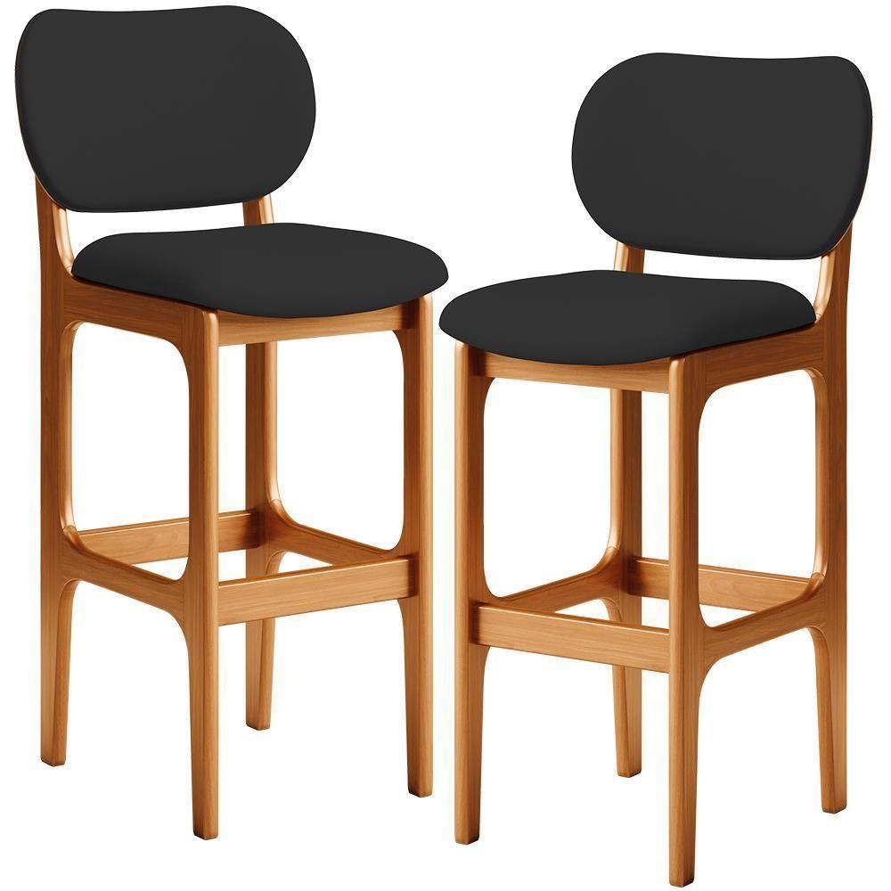 Kit 02 Banquetas Alta Para Cozinha Madeira Fixa Betta L02 Imbuia Facto Preto - 1