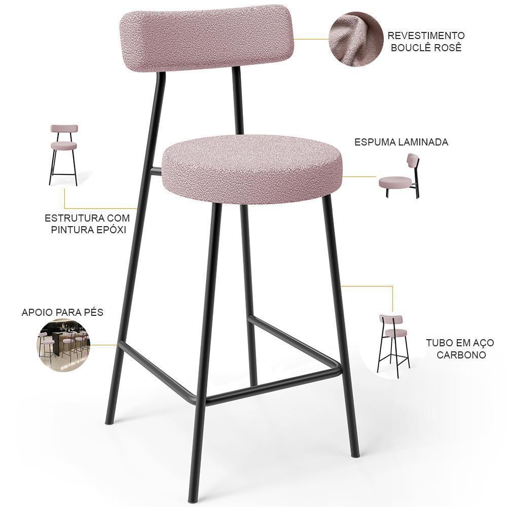 Banqueta Baixa Para Cozinha Sala De Jantar Bar Bancada Milão L02 Bouclê Rosê - Lyam Decor - 6