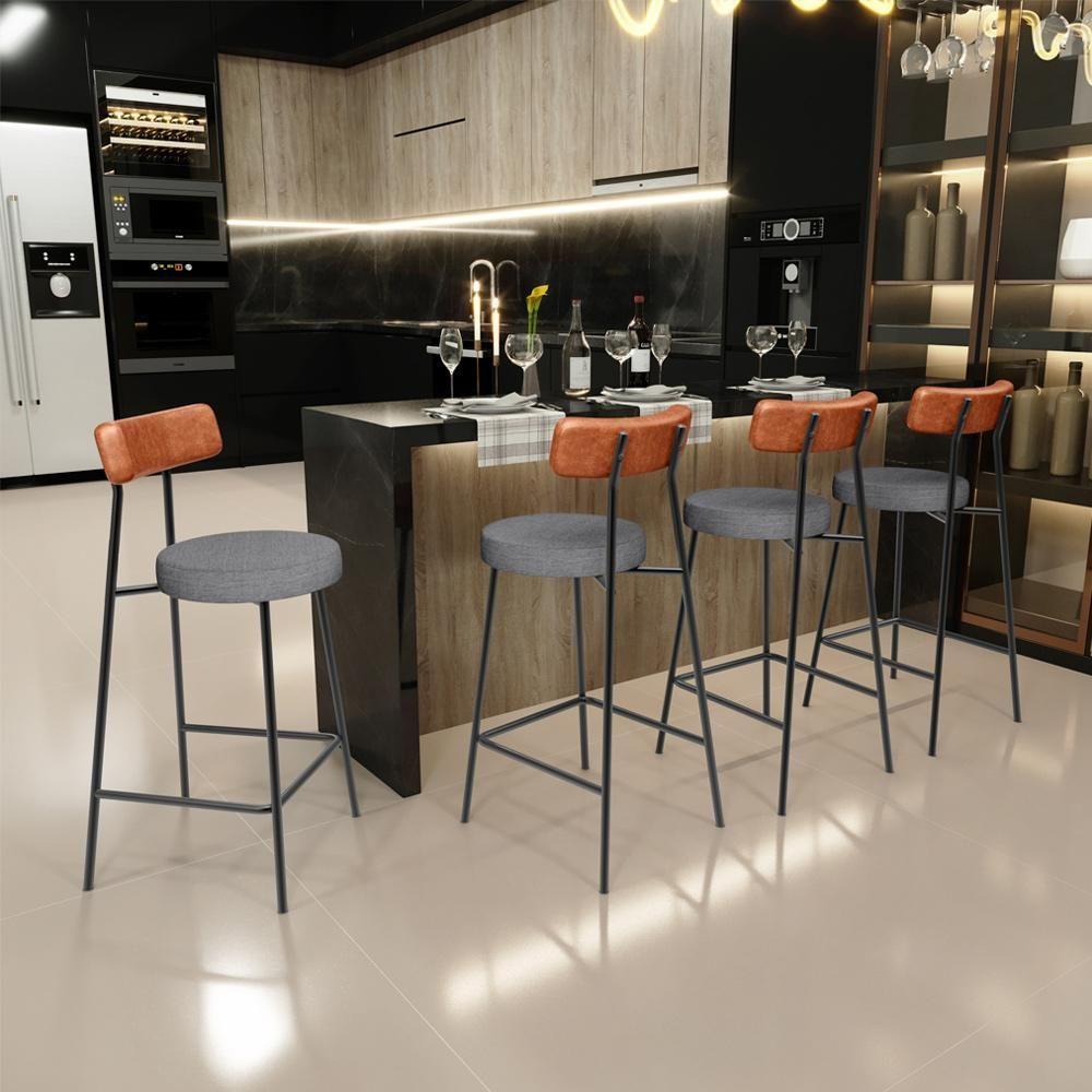 Kit 06 Banquetas Baixa Cozinha Jantar Milão L02 Couríssimo Camel Linho Cinza Escuro - Lyam Decor - 3