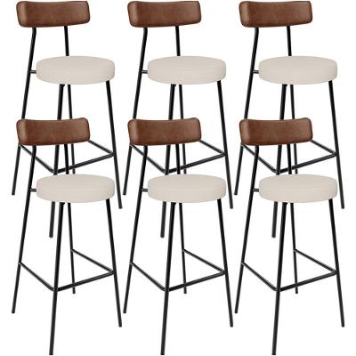 Kit 06 Banquetas Alta Milão L02 Assento em Linho Base em Aço com Encosto Fixo Marrom