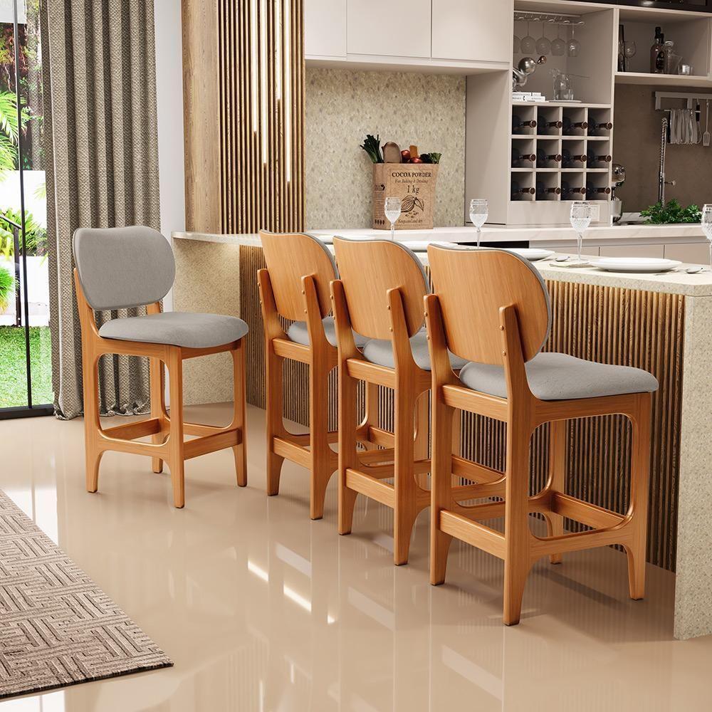 Kit 05 Banquetas Baixa Bar Cozinha E Sala De Jantar Fixa Betta L02 Imbuia Linho Bege - Lyam Decor - 5