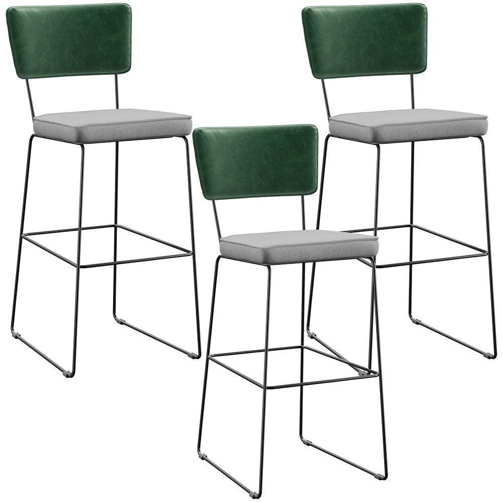 Kit 03 Banquetas Altas Facto Verde Musgo Linho Cinza - 1