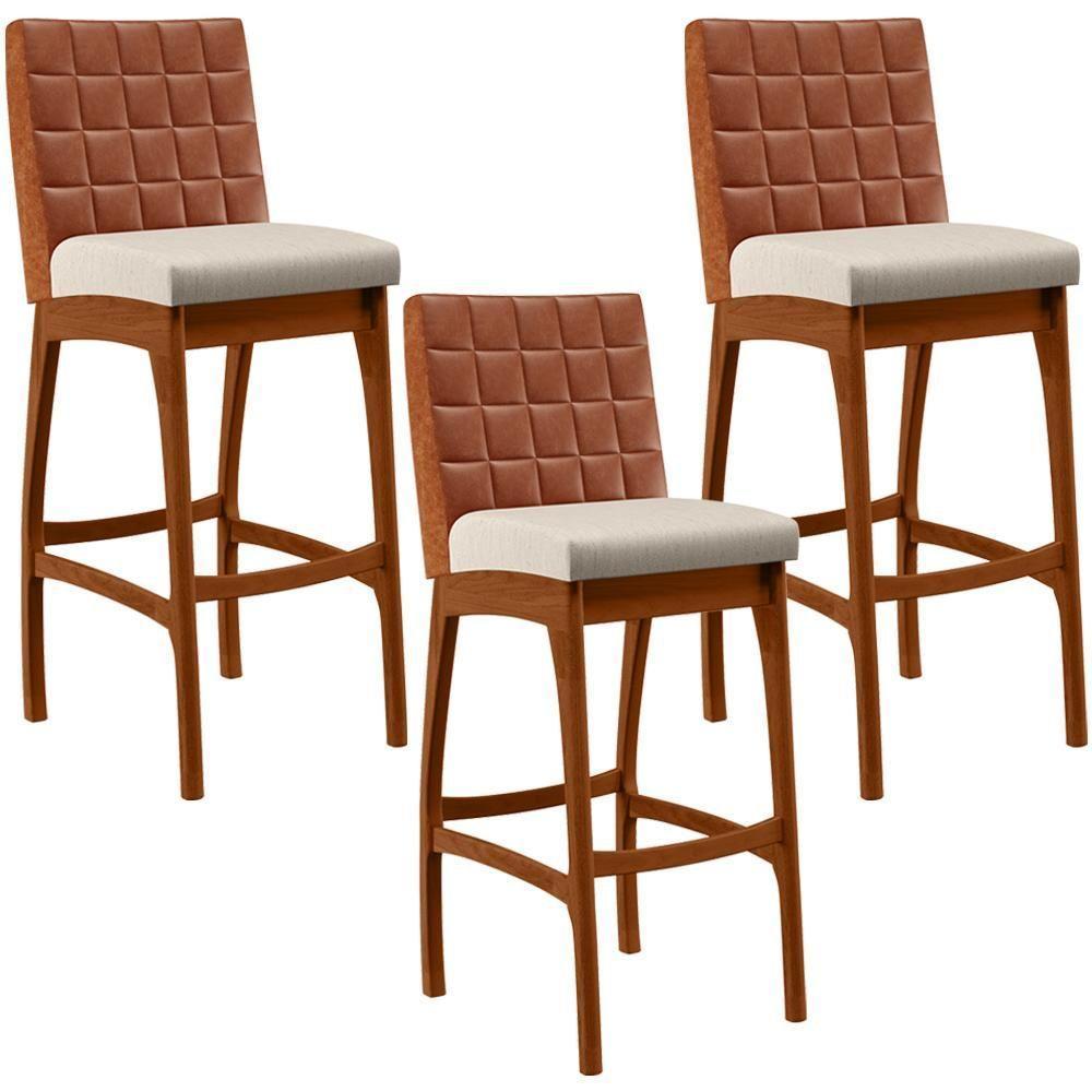 Kit 03 Banquetas Altas Mila Camel Linho Cru - 1