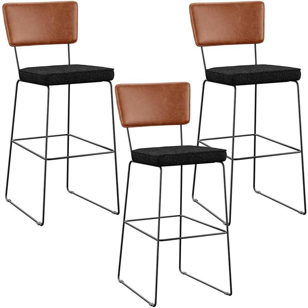 Kit 03 Banquetas Altas Cozinha Camel Linho Chumbo - 1