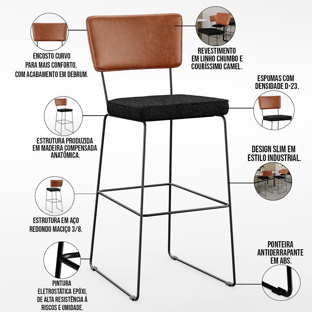 Kit 03 Banquetas Altas Cozinha Camel Linho Chumbo - 7