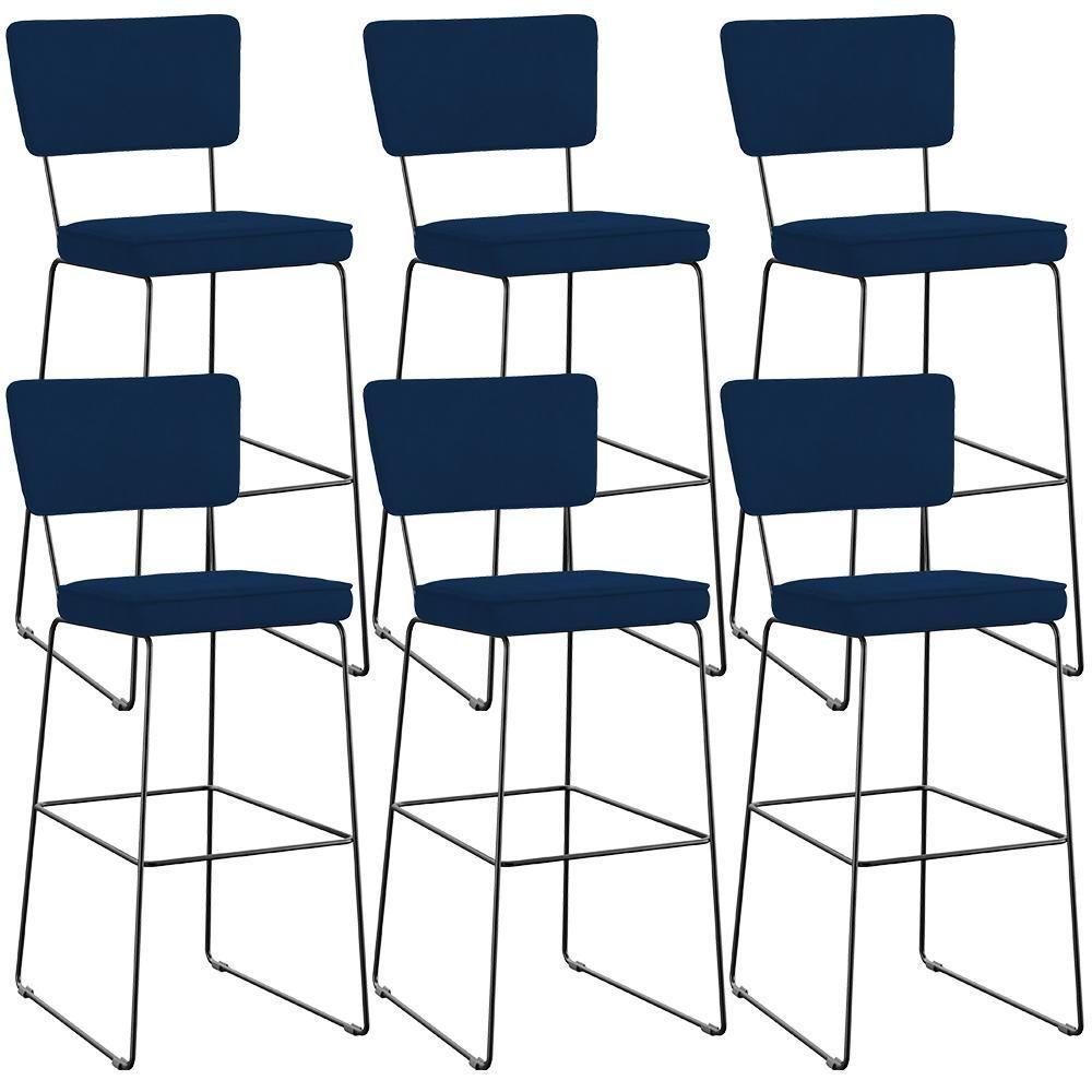 Kit 06 Banquetas Para Cozinha Sala De Jantar Base Em Aço Allana L02 Suede Azul Marinho - Lyam Decor - 1
