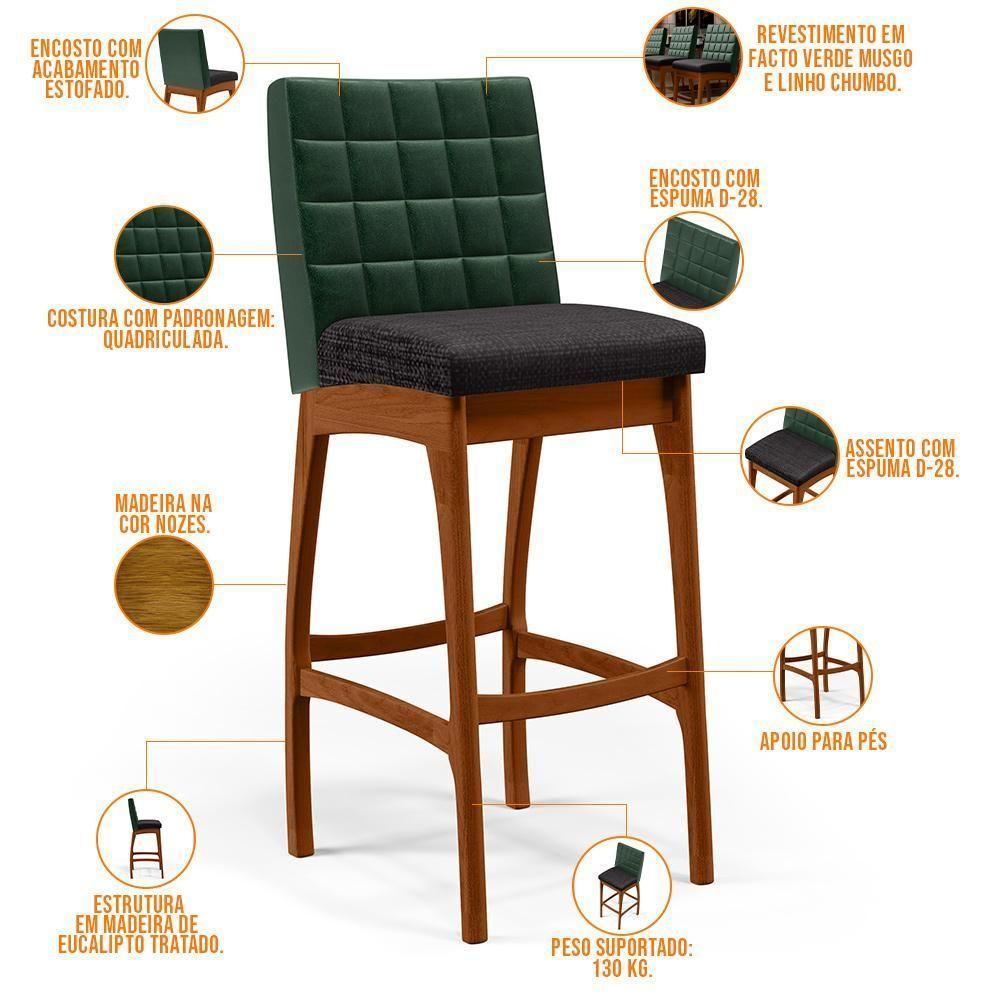 Kit 03 Banquetas Altas Mila Facto Verde Musgo Linho Chumbo - 7