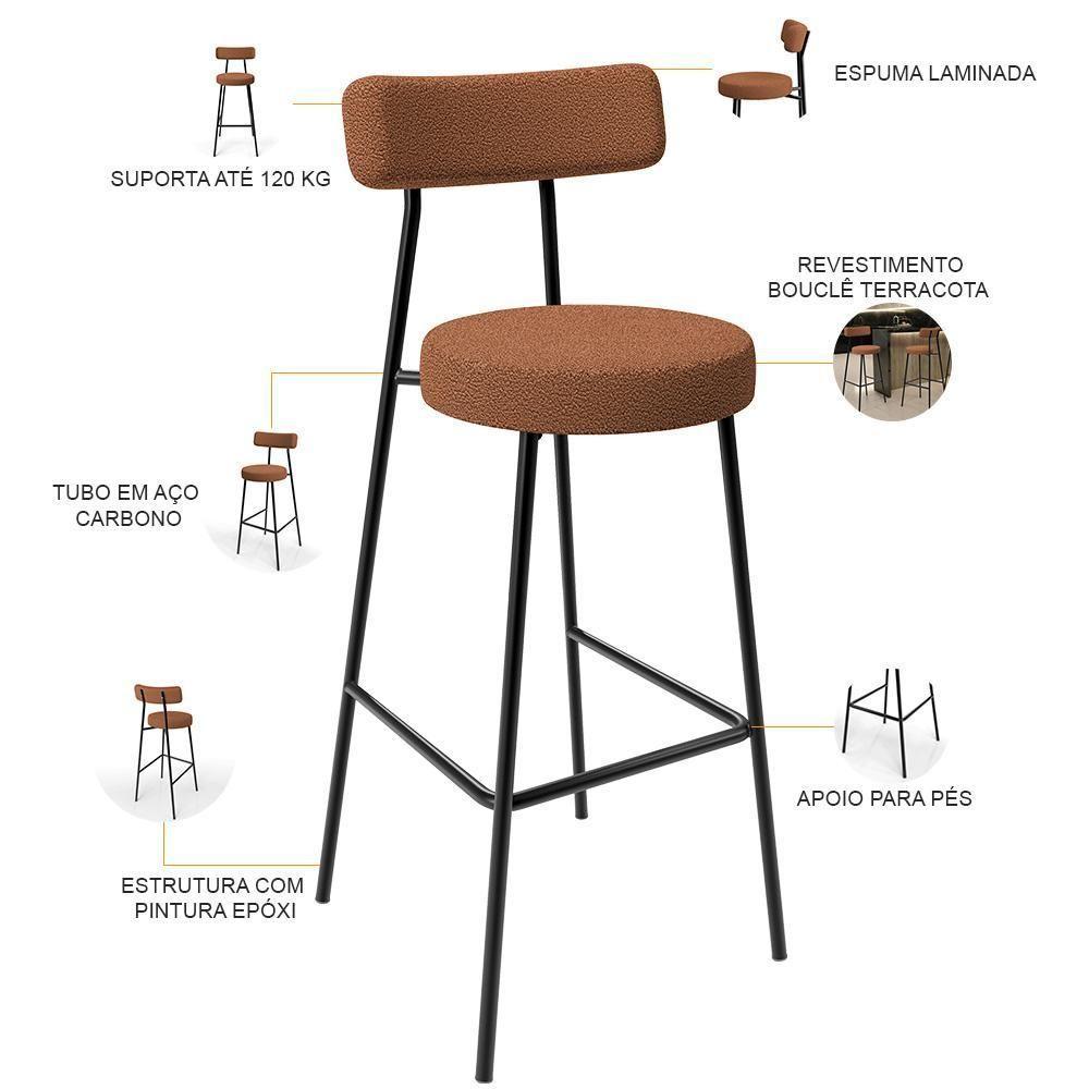 Kit 04 Banquetas Alta Bar Cozinha Sala De Jantar Estrutura Em Aço Milão L02 Bouclê Terracota - 6