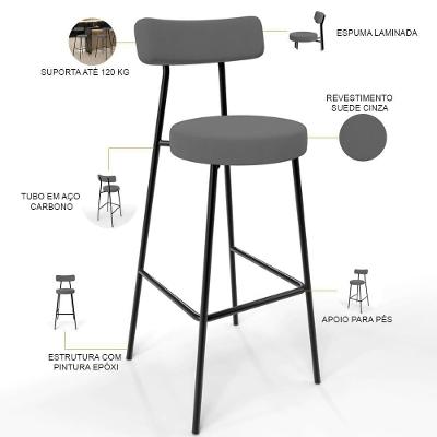 Kit 5 Banquetas Altas Milão L02 Tecido Estrutura em Aço com Encosto Cinza