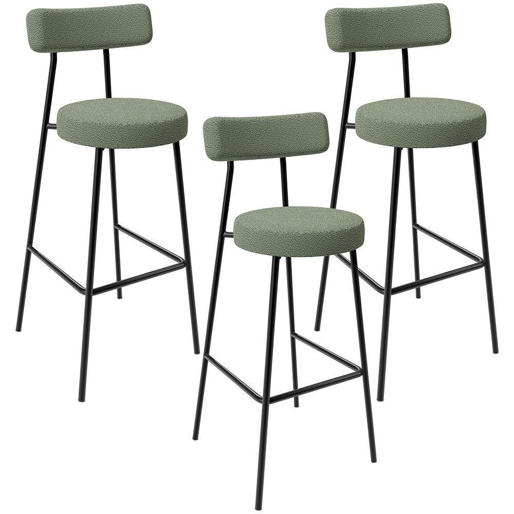 Kit 03 Banquetas Alta Bar Cozinha Sala De Jantar Estrutura Em Aço Milão L02 Bouclê Oliva - 1