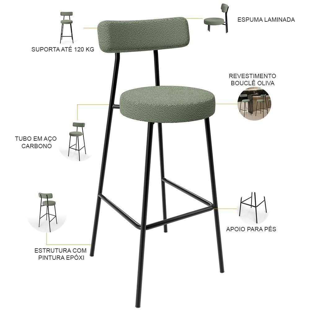 Kit 03 Banquetas Alta Bar Cozinha Sala De Jantar Estrutura Em Aço Milão L02 Bouclê Oliva - 6