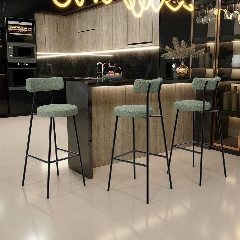 Kit 03 Banquetas Alta Bar Cozinha Sala De Jantar Estrutura Em Aço Milão L02 Bouclê Oliva - 8