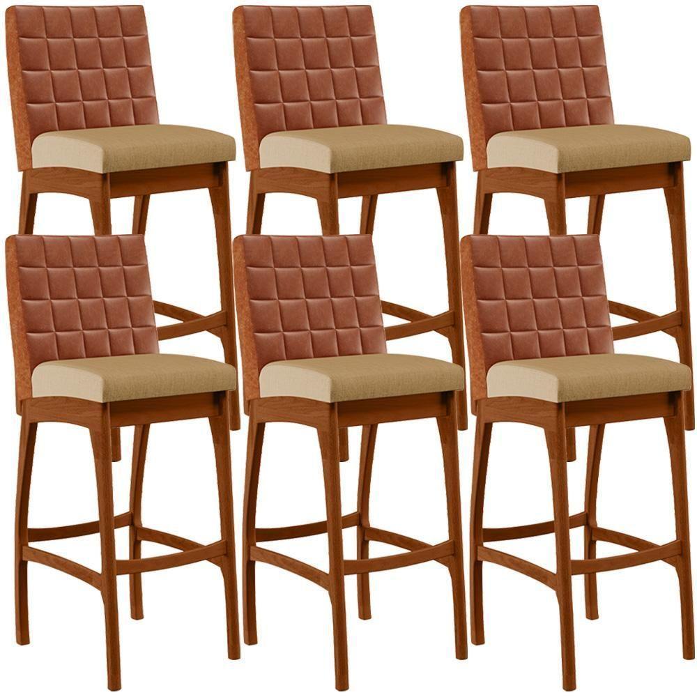 Kit 06 Banquetas Altas Mila Camel Linho Bege Escuro - 1