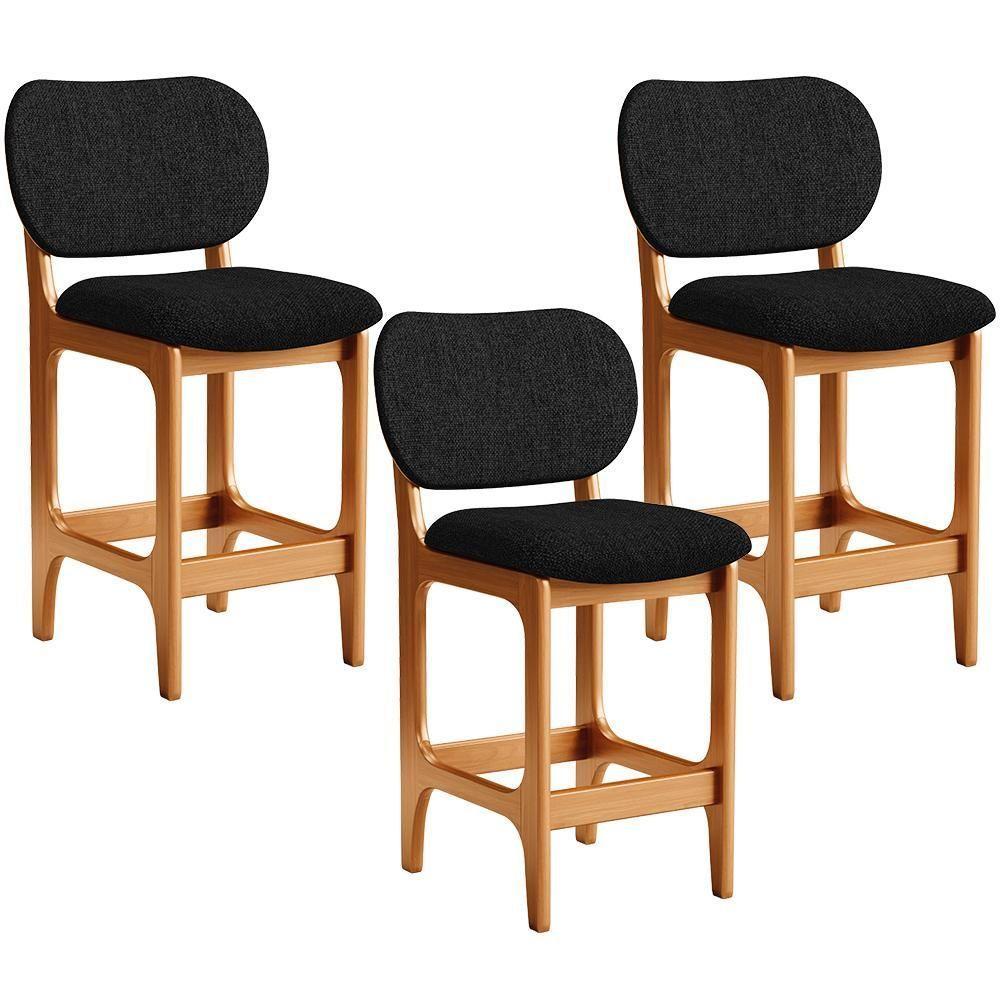 Kit 03 Banquetas Baixa Bar Cozinha E Sala De Jantar Fixa Betta L02 Imbuia Linho Chumbo - 1