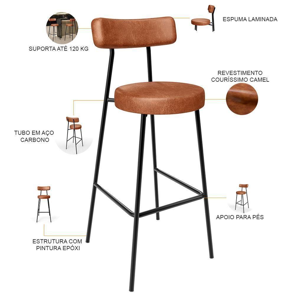 Kit 06 Banquetas Altas Cozinha Bar Sala De Jantar Em Aço Milão L02 Couríssimo Camel - Lyam Decor - 5