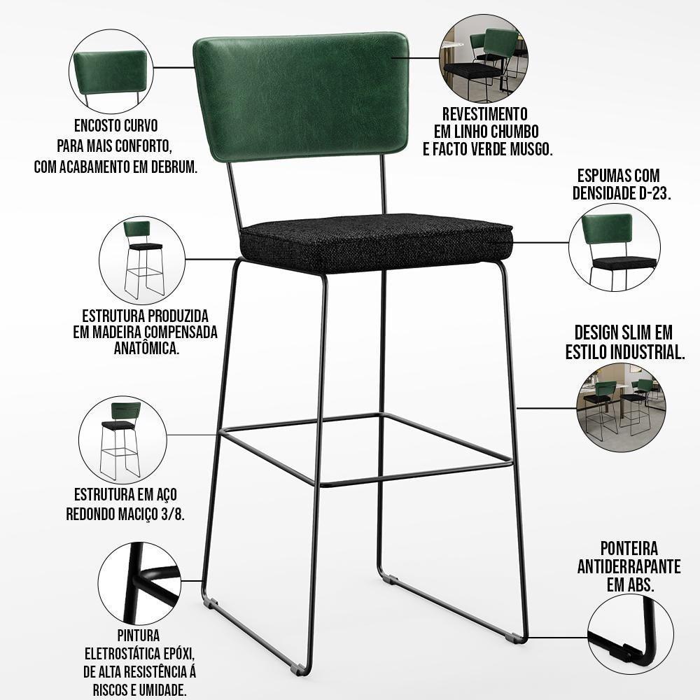 Kit 02 Banquetas Altas Facto Verde Musgo Linho Chumbo - 7