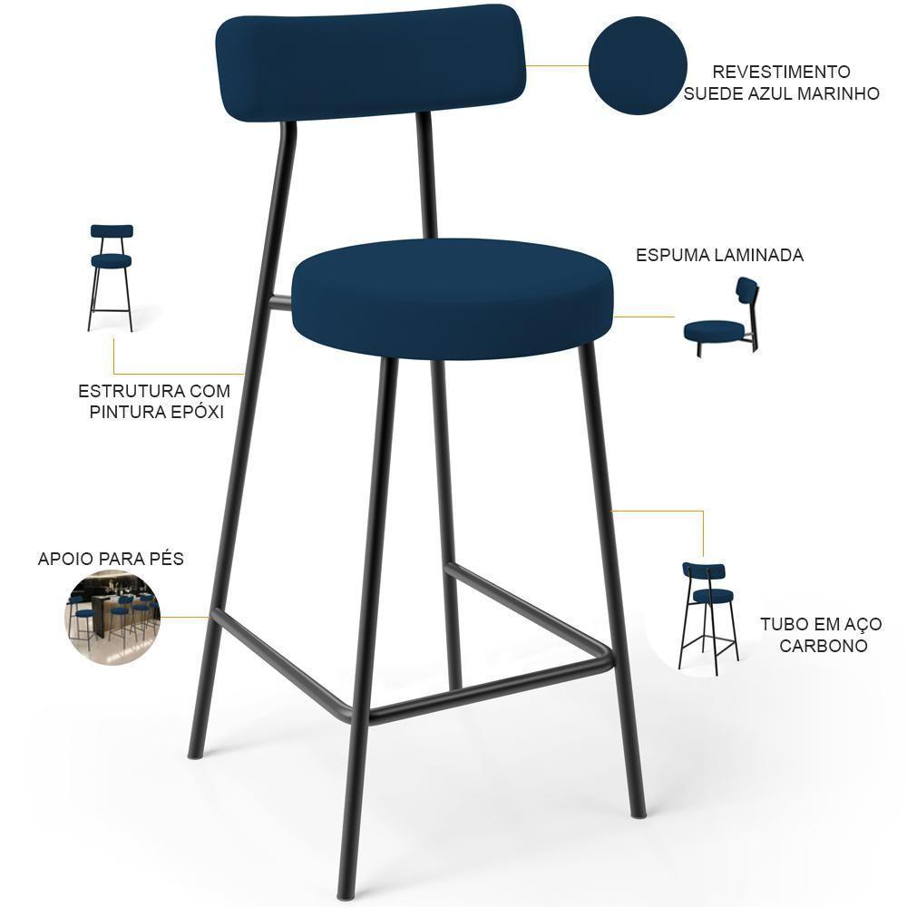 Kit 06 Banquetas Baixa Bar Cozinha Sala De Jantar Em Aço Milão L02 Suede Azul Marinho - Lyam Decor - 2
