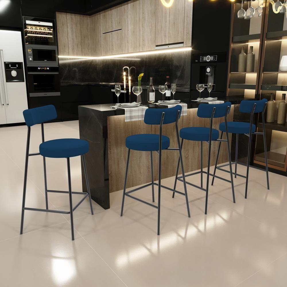 Kit 06 Banquetas Baixa Bar Cozinha Sala De Jantar Em Aço Milão L02 Suede Azul Marinho - Lyam Decor - 6