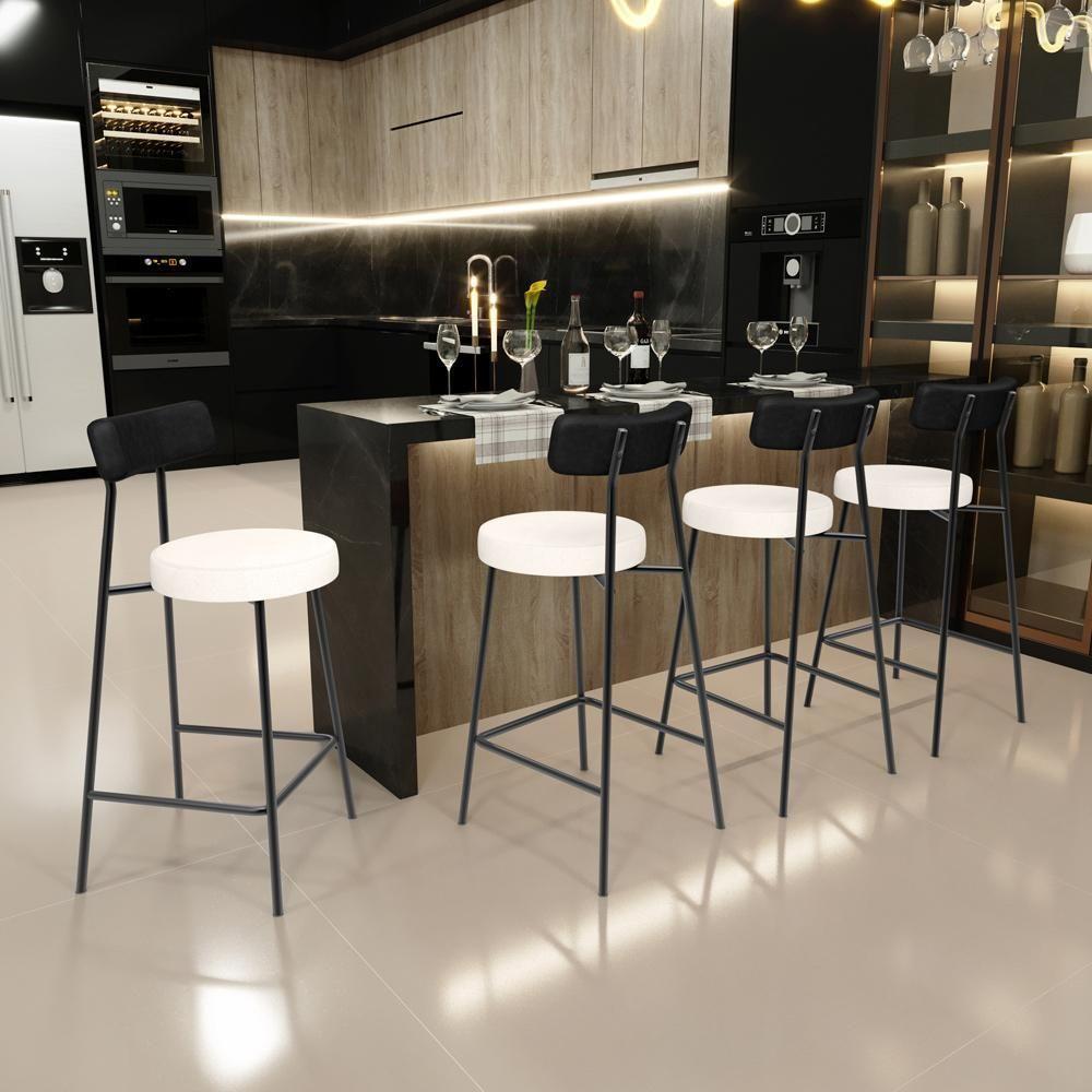 Kit 05 Banquetas Baixa Cozinha Sala Jantar Bancada Milão L02 Couríssimo Preto Linho Cru - Lyam Decor - 6