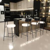 Kit 05 Banquetas Baixa Cozinha Sala Jantar Bancada Milão L02 Couríssimo Preto Linho Cru - Lyam Decor - 6