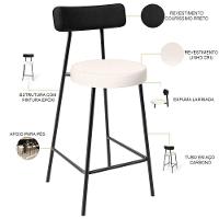 Kit 05 Banquetas Baixa Cozinha Sala Jantar Bancada Milão L02 Couríssimo Preto Linho Cru - Lyam Decor - 7