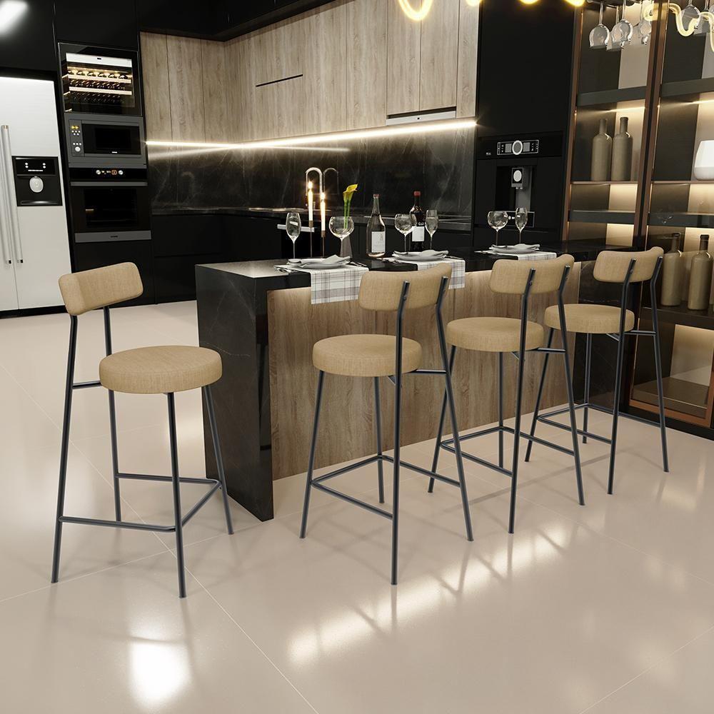 Banqueta Baixa Para Cozinha Sala De Jantar Bar Bancada Milão L02 Linho Bege Escuro - Lyam Decor - 3