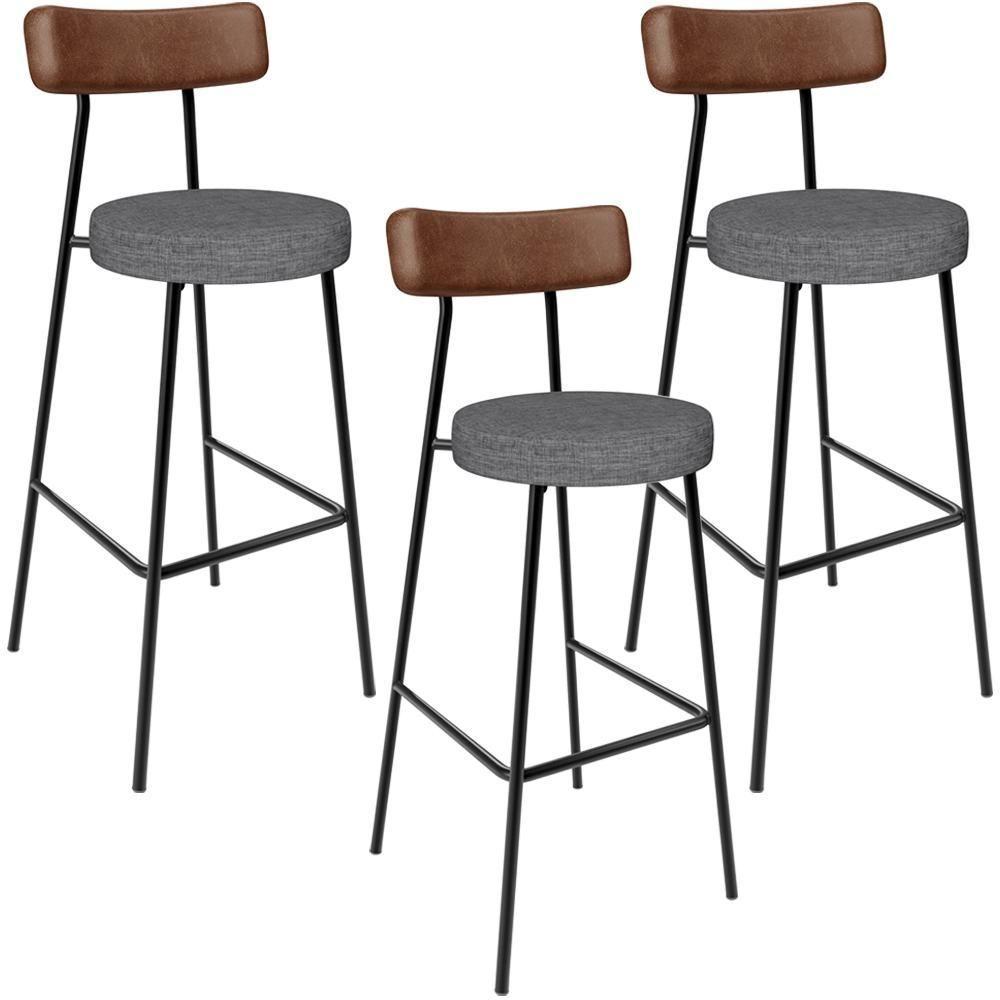 Kit 3 Banqueta Alta Cozinha Sala Jantar Milão L02 Couríssimo Marrom Linho Cinza Escuro - Lyam Decor - 1