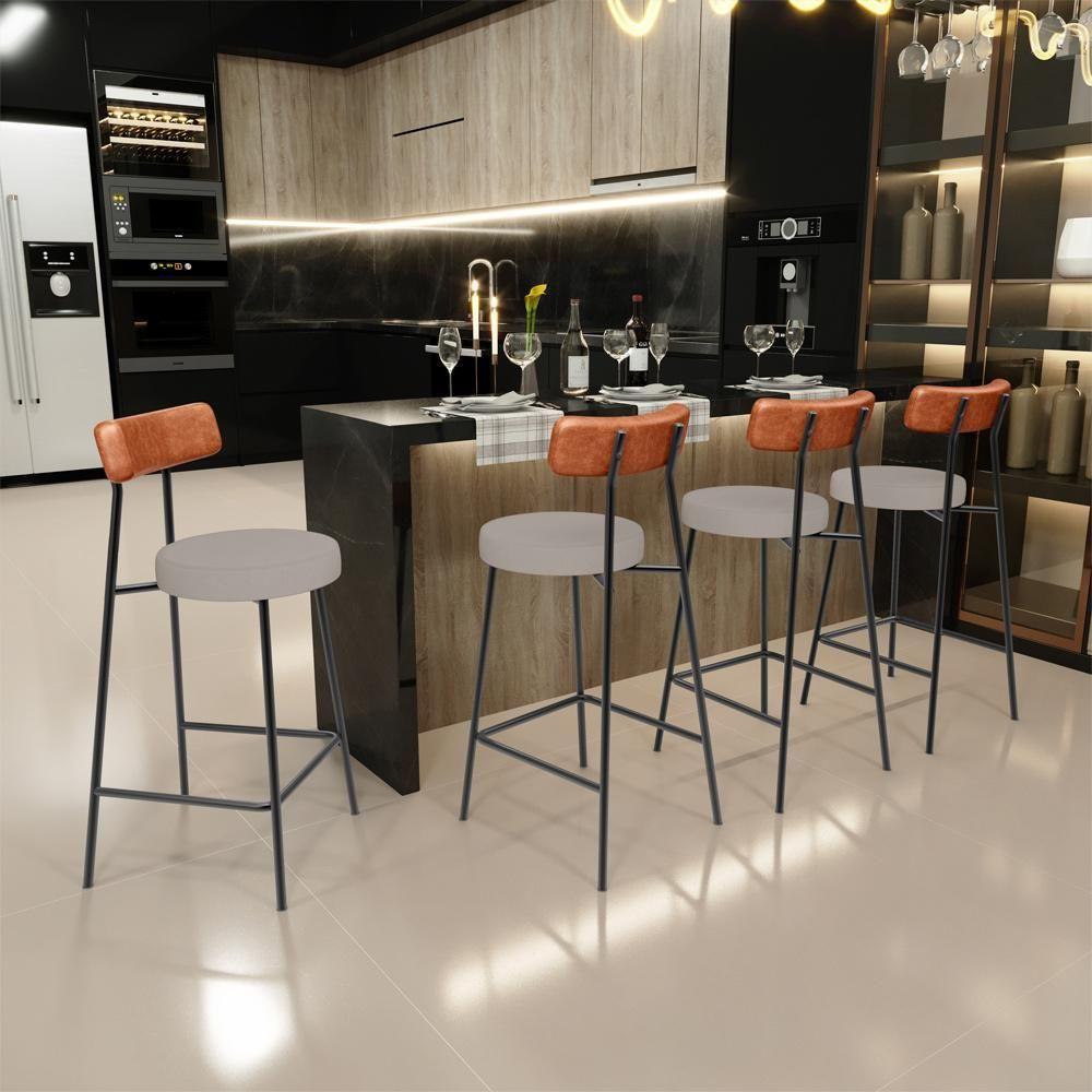 Kit 03 Banquetas Baixa Bar Cozinha Sala Jantar Milão L02 Couríssimo Camel Linho Bege - Lyam Decor - 7