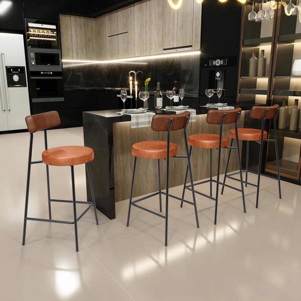 Kit 05 Banquetas Baixa Cozinha Sala Jantar Bancada Milão L02 Couríssimo Marrom Camel - Lyam Decor - 2