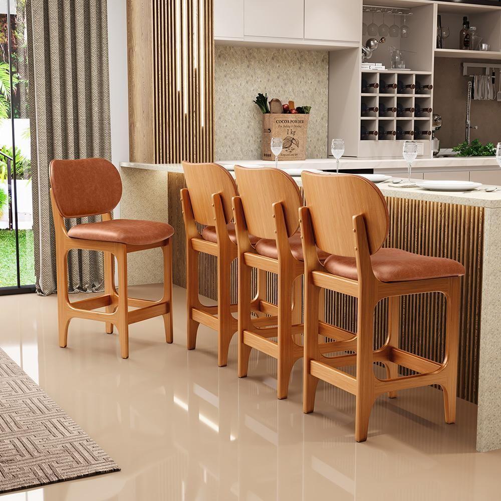 Banqueta Baixa Bar Cozinha E Sala De Jantar Fixa Betta L02 Imbuia Couríssimo Camel - 7