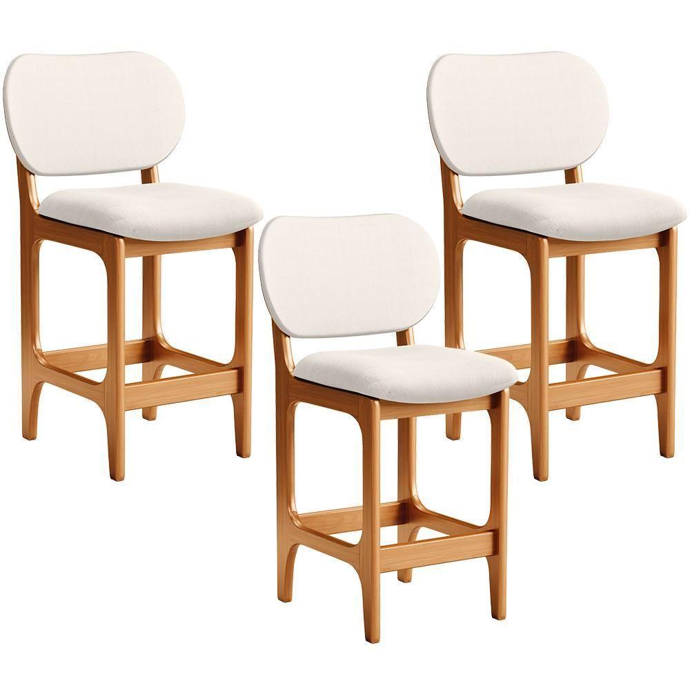 Kit 03 Banquetas Baixa Bar Cozinha E Sala De Jantar Fixa Betta L02 Imbuia Linho Cru - 1