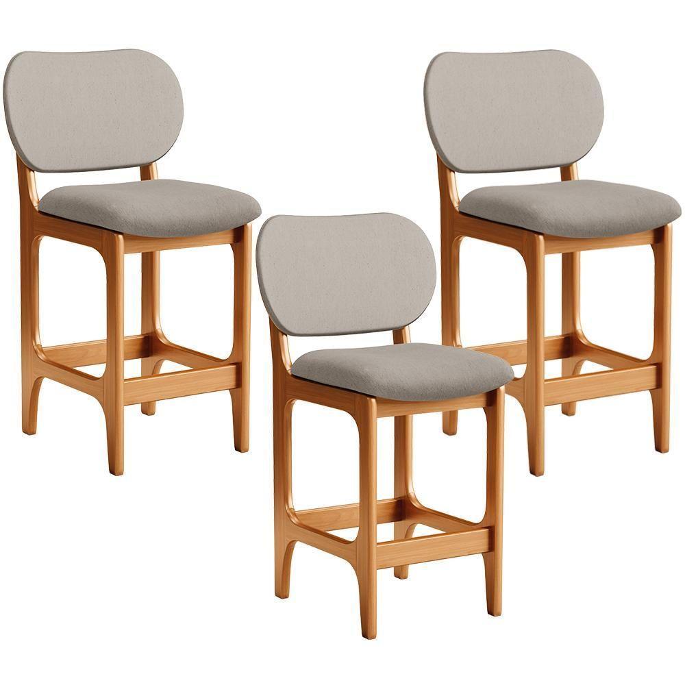 Kit 03 Banquetas Baixa Bar Cozinha E Sala De Jantar Fixa Betta L02 Imbuia Linho Bege - 1