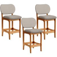 Kit 03 Banquetas Baixa Bar Cozinha E Sala De Jantar Fixa Betta L02 Imbuia Linho Bege - 1