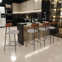 Kit 05 Banquetas Baixa Cozinha Sala De Jantar Milão L02 Couríssimo Marrom Linho Bege - Lyam Decor - 3