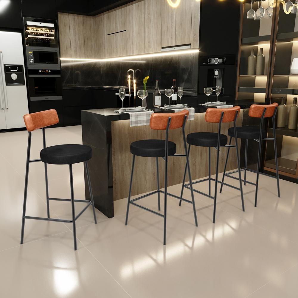 Kit 05 Banquetas Baixa Cozinha Sala Jantar Bancada Milão L02 Couríssimo Camel Preto - Lyam Decor - 4