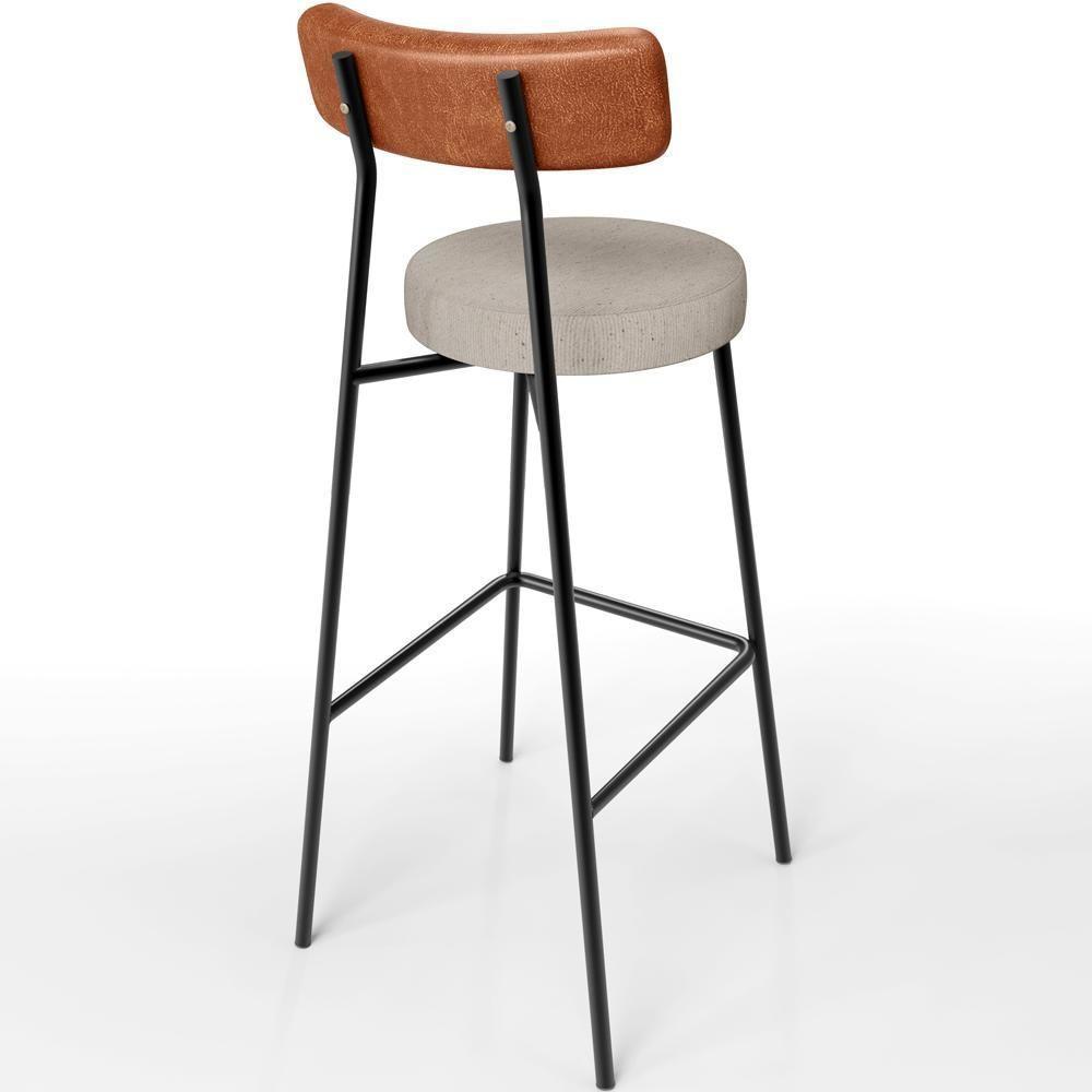 Kit 06 Banquetas Alta Bar Cozinha Sala De Jantar Milão L02 Couríssimo Camel Linho Bege - Lyam Decor - 3