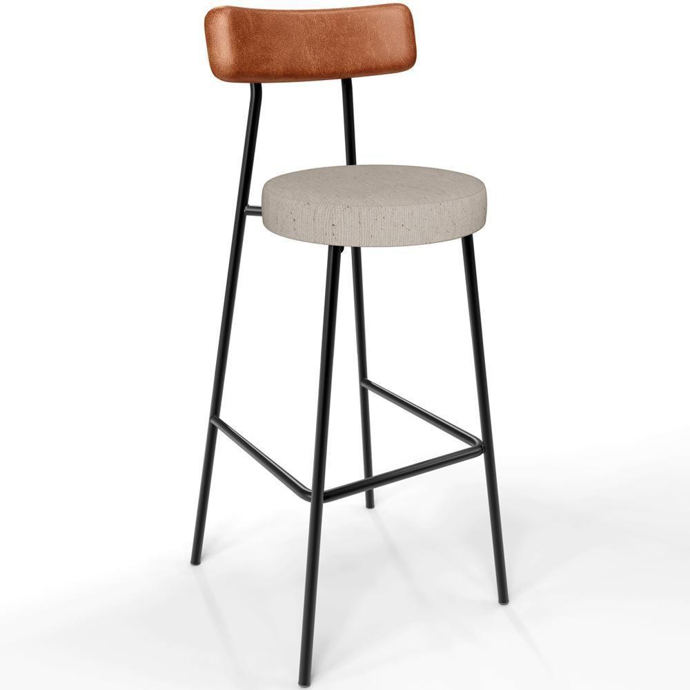 Kit 06 Banquetas Alta Bar Cozinha Sala De Jantar Milão L02 Couríssimo Camel Linho Bege - Lyam Decor - 8