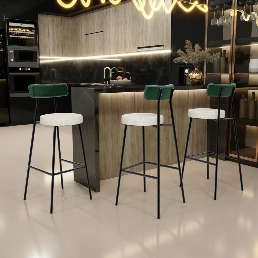 Kit 05 Banquetas Alta Bar Cozinha Sala De Jantar Milão L02 Facto Verde Linho Champagne - Lyam Decor - 7