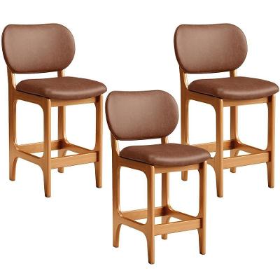 Kit 3 Banquetas Baixa Betta L02 Courino Base Fixa com Encosto Madeira Maciça Imbuia Marrom